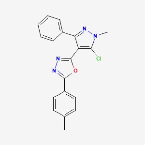 molecular formula C19H15ClN4O B2633085 2-(5-chloro-1-methyl-3-phenyl-1H-pyrazol-4-yl)-5-(4-methylphenyl)-1,3,4-oxadiazole CAS No. 318256-01-8