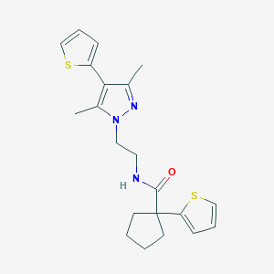 molecular formula C21H25N3OS2 B2633292 N-(2-(3,5-dimethyl-4-(thiophen-2-yl)-1H-pyrazol-1-yl)ethyl)-1-(thiophen-2-yl)cyclopentanecarboxamide CAS No. 2034554-10-2