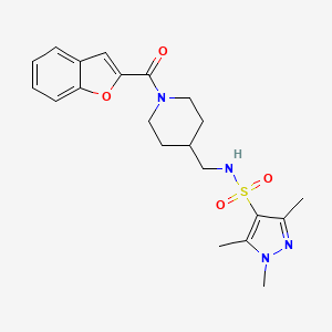 molecular formula C21H26N4O4S B2633485 N-((1-(benzofuran-2-carbonyl)piperidin-4-yl)methyl)-1,3,5-trimethyl-1H-pyrazole-4-sulfonamide CAS No. 1428356-80-2