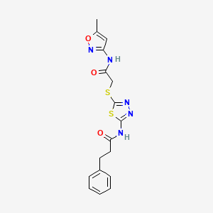 molecular formula C17H17N5O3S2 B2633825 N-(5-((2-((5-methylisoxazol-3-yl)amino)-2-oxoethyl)thio)-1,3,4-thiadiazol-2-yl)-3-phenylpropanamide CAS No. 477215-37-5