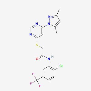 molecular formula C18H15ClF3N5OS B2634179 N-(2-chloro-5-(trifluoromethyl)phenyl)-2-((6-(3,5-dimethyl-1H-pyrazol-1-yl)pyrimidin-4-yl)thio)acetamide CAS No. 1251680-85-9