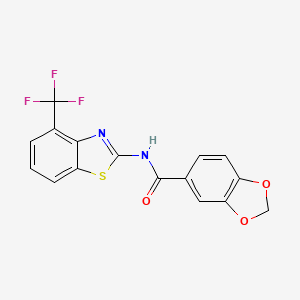 molecular formula C16H9F3N2O3S B2634209 N-(4-(trifluoromethyl)benzo[d]thiazol-2-yl)benzo[d][1,3]dioxole-5-carboxamide CAS No. 1396880-59-3