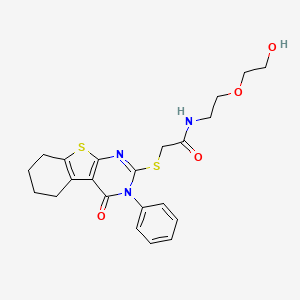 molecular formula C22H25N3O4S2 B2634360 N-[2-(2-hydroxyethoxy)ethyl]-2-({3-oxo-4-phenyl-8-thia-4,6-diazatricyclo[7.4.0.0^{2,7}]trideca-1(9),2(7),5-trien-5-yl}sulfanyl)acetamide CAS No. 315702-35-3