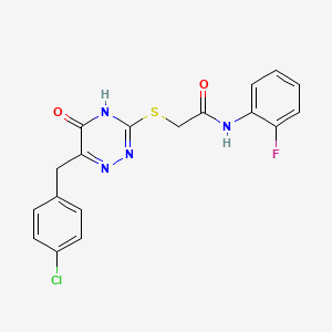 molecular formula C18H14ClFN4O2S B2634443 2-((6-(4-chlorobenzyl)-5-oxo-4,5-dihydro-1,2,4-triazin-3-yl)thio)-N-(2-fluorophenyl)acetamide CAS No. 896171-03-2