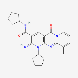 molecular formula C23H27N5O2 B2634527 N,7-dicyclopentyl-6-imino-11-methyl-2-oxo-1,7,9-triazatricyclo[8.4.0.0^{3,8}]tetradeca-3(8),4,9,11,13-pentaene-5-carboxamide CAS No. 797814-69-8