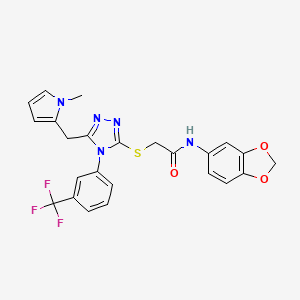 molecular formula C24H20F3N5O3S B2634577 N-(2H-1,3-benzodioxol-5-yl)-2-({5-[(1-methyl-1H-pyrrol-2-yl)methyl]-4-[3-(trifluoromethyl)phenyl]-4H-1,2,4-triazol-3-yl}sulfanyl)acetamide CAS No. 862827-91-6