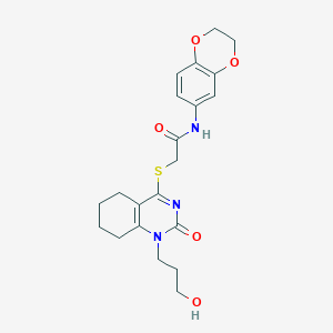 molecular formula C21H25N3O5S B2635012 N-(2,3-dihydro-1,4-benzodioxin-6-yl)-2-{[1-(3-hydroxypropyl)-2-oxo-1,2,5,6,7,8-hexahydroquinazolin-4-yl]sulfanyl}acetamide CAS No. 941888-25-1