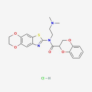 molecular formula C22H24ClN3O5S B2635122 N-(6,7-dihydro-[1,4]dioxino[2,3-f][1,3]benzothiazol-2-yl)-N-[2-(dimethylamino)ethyl]-2,3-dihydro-1,4-benzodioxine-3-carboxamide;hydrochloride CAS No. 1321877-41-1