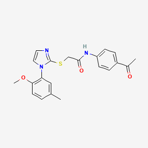 molecular formula C21H21N3O3S B2635157 N-(4-acetylphenyl)-2-{[1-(2-methoxy-5-methylphenyl)-1H-imidazol-2-yl]sulfanyl}acetamide CAS No. 869345-44-8