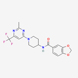 molecular formula C19H19F3N4O3 B2635537 N-{1-[2-methyl-6-(trifluoromethyl)-4-pyrimidinyl]-4-piperidyl}-1,3-benzodioxole-5-carboxamide CAS No. 1775546-54-7