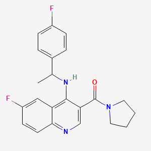 molecular formula C22H21F2N3O B2636426 (6-Fluoro-4-((1-(4-fluorophenyl)ethyl)amino)quinolin-3-yl)(pyrrolidin-1-yl)methanone CAS No. 1326867-77-9