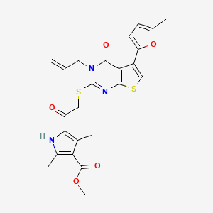 molecular formula C24H23N3O5S2 B2636563 methyl 2,4-dimethyl-5-(2-{[5-(5-methylfuran-2-yl)-4-oxo-3-(prop-2-en-1-yl)-3H,4H-thieno[2,3-d]pyrimidin-2-yl]sulfanyl}acetyl)-1H-pyrrole-3-carboxylate CAS No. 380453-65-6