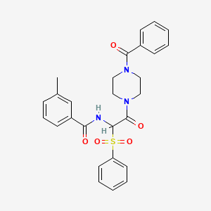 molecular formula C27H27N3O5S B2636592 N-[2-(4-Benzoylpiperazin-1-YL)-1-(benzenesulfonyl)-2-oxoethyl]-3-methylbenzamide CAS No. 1042974-67-3