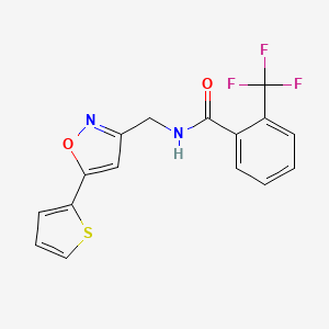 molecular formula C16H11F3N2O2S B2636645 N-((5-(thiophen-2-yl)isoxazol-3-yl)methyl)-2-(trifluoromethyl)benzamide CAS No. 946341-20-4