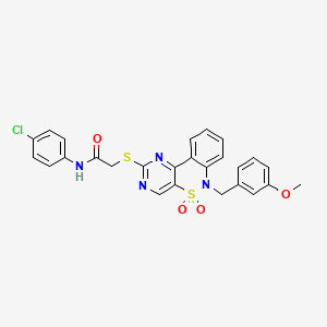 molecular formula C26H21ClN4O4S2 B2636681 N-(4-chlorophenyl)-2-({9-[(3-methoxyphenyl)methyl]-8,8-dioxo-8lambda6-thia-3,5,9-triazatricyclo[8.4.0.0^{2,7}]tetradeca-1(14),2(7),3,5,10,12-hexaen-4-yl}sulfanyl)acetamide CAS No. 892312-86-6