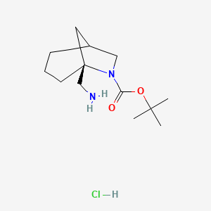 molecular formula C13H25ClN2O2 B2636684 Tert-butyl (5R)-5-(aminomethyl)-6-azabicyclo[3.2.1]octane-6-carboxylate;hydrochloride CAS No. 2408946-80-3