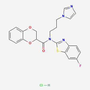 molecular formula C22H20ClFN4O3S B2636770 N-(3-(1H-imidazol-1-yl)propyl)-N-(6-fluorobenzo[d]thiazol-2-yl)-2,3-dihydrobenzo[b][1,4]dioxine-2-carboxamide hydrochloride CAS No. 1216679-48-9