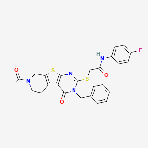 molecular formula C26H23FN4O3S2 B2636838 2-[(11-acetyl-4-benzyl-3-oxo-8-thia-4,6,11-triazatricyclo[7.4.0.02,7]trideca-1(9),2(7),5-trien-5-yl)sulfanyl]-N-(4-fluorophenyl)acetamide CAS No. 1189971-94-5
