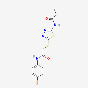 molecular formula C13H13BrN4O2S2 B2637039 N-(5-((2-((4-bromophenyl)amino)-2-oxoethyl)thio)-1,3,4-thiadiazol-2-yl)propionamide CAS No. 393564-83-5