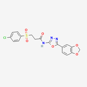 molecular formula C18H14ClN3O6S B2637064 N-(5-(benzo[d][1,3]dioxol-5-yl)-1,3,4-oxadiazol-2-yl)-3-((4-chlorophenyl)sulfonyl)propanamide CAS No. 922018-59-5