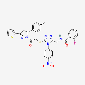 2-fluoro-N-((4-(4-nitrophenyl)-5-((2-oxo-2-(3-(thiophen-2-yl)-5-(p-tolyl)-4,5-dihydro-1H-pyrazol-1-yl)ethyl)thio)-4H-1,2,4-triazol-3-yl)methyl)benzamide