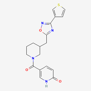 molecular formula C18H18N4O3S B2637214 5-(3-((3-(thiophen-3-yl)-1,2,4-oxadiazol-5-yl)methyl)piperidine-1-carbonyl)pyridin-2(1H)-one CAS No. 1705243-68-0