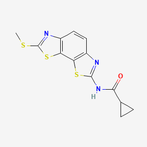 molecular formula C13H11N3OS3 B2637241 N-[11-(methylsulfanyl)-3,12-dithia-5,10-diazatricyclo[7.3.0.0^{2,6}]dodeca-1(9),2(6),4,7,10-pentaen-4-yl]cyclopropanecarboxamide CAS No. 477503-17-6