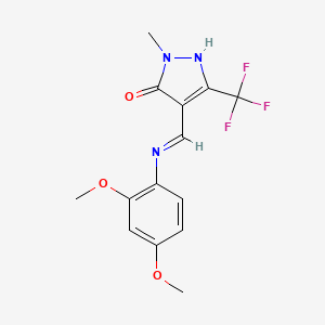 molecular formula C14H14F3N3O3 B2637265 4-[(2,4-dimethoxyanilino)methylene]-2-methyl-5-(trifluoromethyl)-2,4-dihydro-3H-pyrazol-3-one CAS No. 320425-06-7