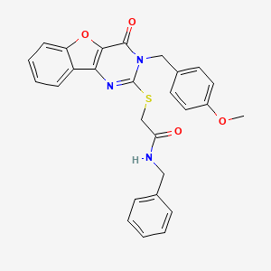 molecular formula C27H23N3O4S B2637282 N-benzyl-2-({5-[(4-methoxyphenyl)methyl]-6-oxo-8-oxa-3,5-diazatricyclo[7.4.0.0^{2,7}]trideca-1(9),2(7),3,10,12-pentaen-4-yl}sulfanyl)acetamide CAS No. 866873-82-7
