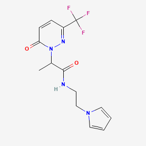 molecular formula C14H15F3N4O2 B2637286 2-[6-Oxo-3-(trifluoromethyl)pyridazin-1-yl]-N-(2-pyrrol-1-ylethyl)propanamide CAS No. 2380181-65-5