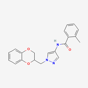 molecular formula C20H19N3O3 B2637889 N-{1-[(2,3-dihydro-1,4-benzodioxin-2-yl)methyl]-1H-pyrazol-4-yl}-2-methylbenzamide CAS No. 1796949-00-2