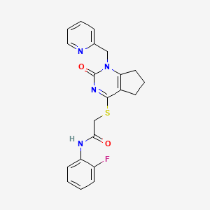 molecular formula C21H19FN4O2S B2637954 N-(2-fluorophenyl)-2-({2-oxo-1-[(pyridin-2-yl)methyl]-1H,2H,5H,6H,7H-cyclopenta[d]pyrimidin-4-yl}sulfanyl)acetamide CAS No. 946271-63-2