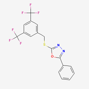 molecular formula C17H10F6N2OS B2638117 2-{[3,5-Bis(trifluoromethyl)benzyl]sulfanyl}-5-phenyl-1,3,4-oxadiazole CAS No. 477846-66-5