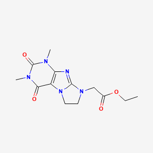 molecular formula C13H17N5O4 B2638134 Ethyl 2-(1,3-dimethyl-2,4-dioxo-1,3,5-trihydroimidazolidino[1,2-h]purin-8-yl)a cetate CAS No. 1206987-95-2