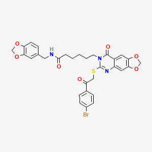 molecular formula C31H28BrN3O7S B2638155 N-[(2H-1,3-benzodioxol-5-yl)methyl]-6-(6-{[2-(4-bromophenyl)-2-oxoethyl]sulfanyl}-8-oxo-2H,7H,8H-[1,3]dioxolo[4,5-g]quinazolin-7-yl)hexanamide CAS No. 688061-21-4