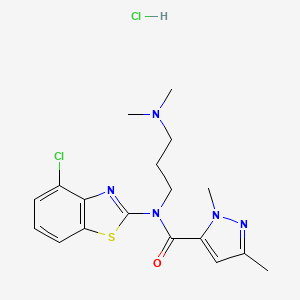 molecular formula C18H23Cl2N5OS B2638241 N-(4-chloro-1,3-benzothiazol-2-yl)-N-[3-(dimethylamino)propyl]-1,3-dimethyl-1H-pyrazole-5-carboxamide hydrochloride CAS No. 1215364-20-7