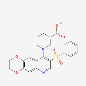 molecular formula C25H26N2O6S B2638270 ethyl 1-[8-(benzenesulfonyl)-2H,3H-[1,4]dioxino[2,3-g]quinolin-9-yl]piperidine-3-carboxylate CAS No. 866811-92-9