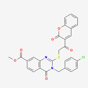 molecular formula C28H19ClN2O6S B2638502 methyl 3-[(4-chlorophenyl)methyl]-4-oxo-2-{[2-oxo-2-(2-oxo-2H-chromen-3-yl)ethyl]sulfanyl}-3,4-dihydroquinazoline-7-carboxylate CAS No. 422273-79-8