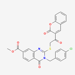 Methyl 3-[(4-chlorophenyl)methyl]-4-oxo-2-[2-oxo-2-(2-oxochromen-3-yl)ethyl]sulfanylquinazoline-7-carboxylate