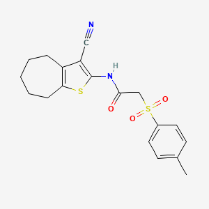 molecular formula C19H20N2O3S2 B2638585 N-(3-cyano-5,6,7,8-tetrahydro-4H-cyclohepta[b]thiophen-2-yl)-2-tosylacetamide CAS No. 895447-47-9