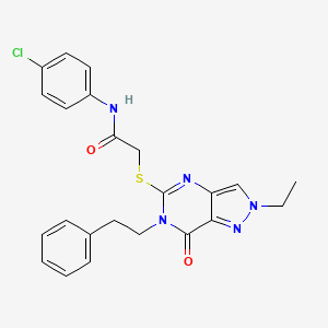 molecular formula C23H22ClN5O2S B2638586 N-(4-chlorophenyl)-2-{[2-ethyl-7-oxo-6-(2-phenylethyl)-2H,6H,7H-pyrazolo[4,3-d]pyrimidin-5-yl]sulfanyl}acetamide CAS No. 932496-48-5