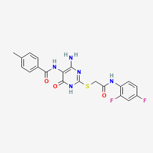 molecular formula C20H17F2N5O3S B2638739 N-(4-amino-2-((2-((2,4-difluorophenyl)amino)-2-oxoethyl)thio)-6-oxo-1,6-dihydropyrimidin-5-yl)-4-methylbenzamide CAS No. 888423-58-3