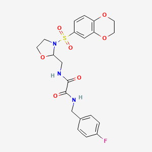 molecular formula C21H22FN3O7S B2638757 N-{[3-(2,3-dihydro-1,4-benzodioxine-6-sulfonyl)-1,3-oxazolidin-2-yl]methyl}-N'-[(4-fluorophenyl)methyl]ethanediamide CAS No. 868982-35-8