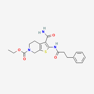 molecular formula C20H23N3O4S B2639116 ethyl 3-carbamoyl-2-(3-phenylpropanamido)-4,5-dihydrothieno[2,3-c]pyridine-6(7H)-carboxylate CAS No. 921117-66-0