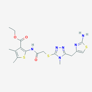 molecular formula C18H22N6O3S3 B2639129 ethyl 2-[2-({5-[(2-amino-1,3-thiazol-4-yl)methyl]-4-methyl-4H-1,2,4-triazol-3-yl}sulfanyl)acetamido]-4,5-dimethylthiophene-3-carboxylate CAS No. 690643-16-4