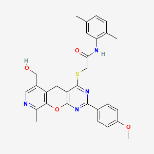 molecular formula C29H28N4O4S B2639252 N-(2,5-dimethylphenyl)-2-[[11-(hydroxymethyl)-5-(4-methoxyphenyl)-14-methyl-2-oxa-4,6,13-triazatricyclo[8.4.0.03,8]tetradeca-1(10),3(8),4,6,11,13-hexaen-7-yl]sulfanyl]acetamide CAS No. 867040-61-7
