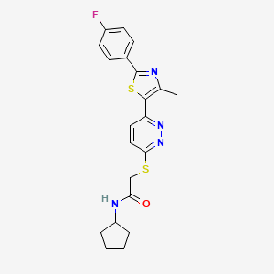 molecular formula C21H21FN4OS2 B2639334 N-cyclopentyl-2-({6-[2-(4-fluorophenyl)-4-methyl-1,3-thiazol-5-yl]pyridazin-3-yl}sulfanyl)acetamide CAS No. 921122-72-7