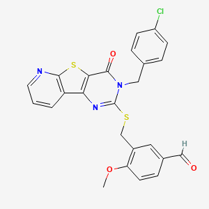 molecular formula C25H18ClN3O3S2 B2640039 3-[[5-[(4-chlorophenyl)methyl]-6-oxo-8-thia-3,5,10-triazatricyclo[7.4.0.02,7]trideca-1(9),2(7),3,10,12-pentaen-4-yl]sulfanylmethyl]-4-methoxybenzaldehyde CAS No. 1224007-85-5