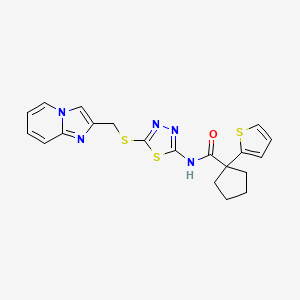 molecular formula C20H19N5OS3 B2640077 N-(5-((imidazo[1,2-a]pyridin-2-ylmethyl)thio)-1,3,4-thiadiazol-2-yl)-1-(thiophen-2-yl)cyclopentanecarboxamide CAS No. 1351647-52-3