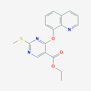 molecular formula C17H15N3O3S B2640100 Ethyl 2-(methylsulfanyl)-4-(8-quinolinyloxy)-5-pyrimidinecarboxylate CAS No. 383148-60-5